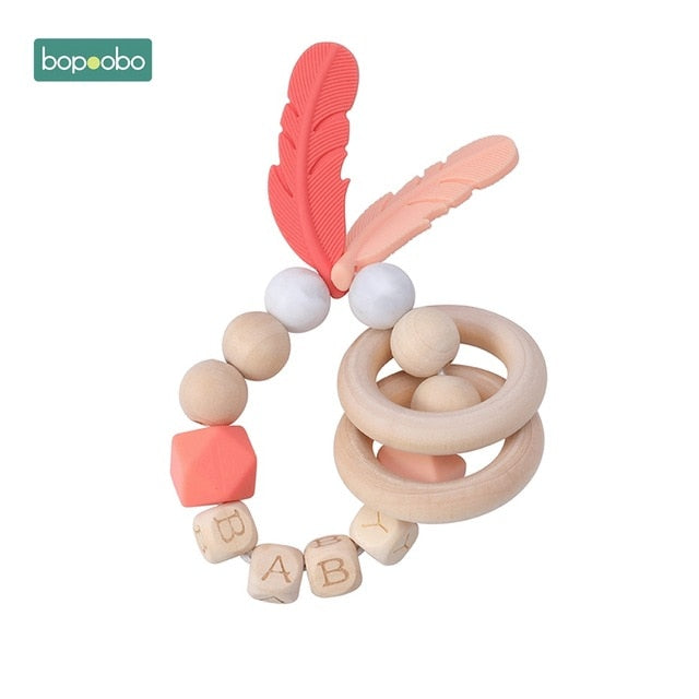1PC Silicone Beads Feather Wooden Teether
