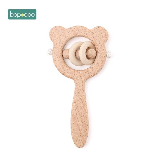 1PC Wooden Baby Rattle Toy Beech Wood Teething Bear