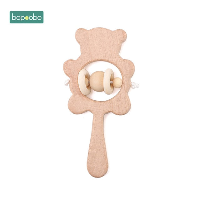 1PC Wooden Baby Rattle Toy Beech Wood Teething Bear