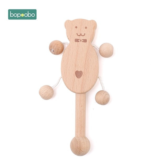 1PC Wooden Baby Rattle Toy Beech Wood Teething Bear