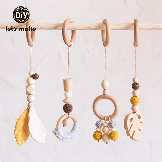 1SET- 4PCS Play Gym Wooden Beads Beech leaf Pendant