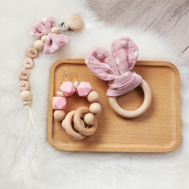 1PC Baby Rattle Wooden Ring Teether Pacifier Clips Chain