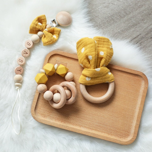 1PC Baby Rattle Wooden Ring Teether Pacifier Clips Chain