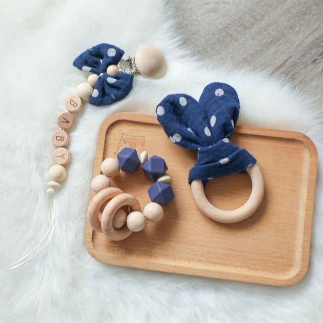 1PC Baby Rattle Wooden Ring Teether Pacifier Clips Chain