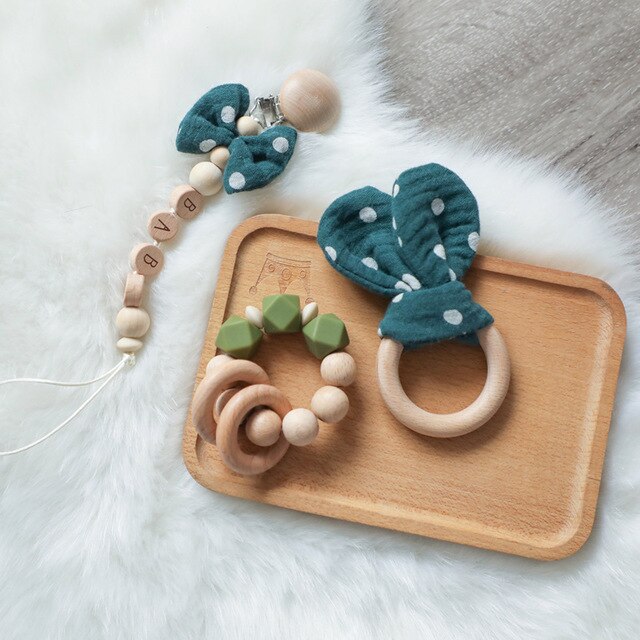 1PC Baby Rattle Wooden Ring Teether Pacifier Clips Chain