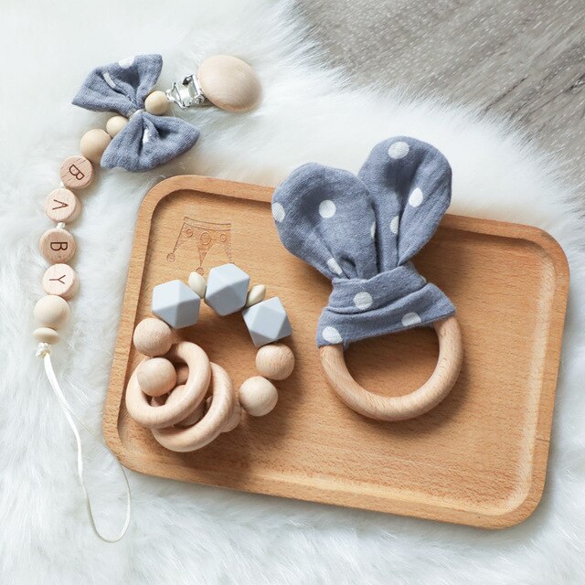 1PC Baby Rattle Wooden Ring Teether Pacifier Clips Chain