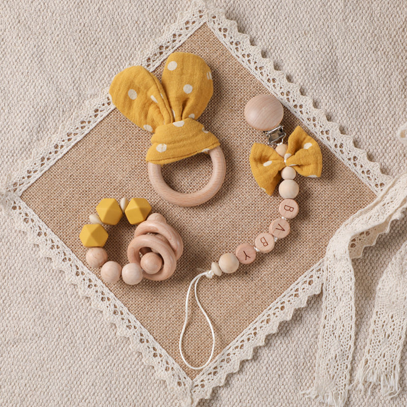 1PC Baby Rattle Wooden Ring Teether Pacifier Clips Chain