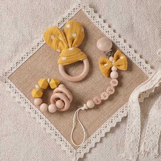 1PC Baby Rattle Wooden Ring Teether Pacifier Clips Chain